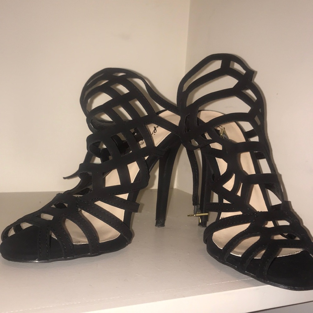 Black caged heels.